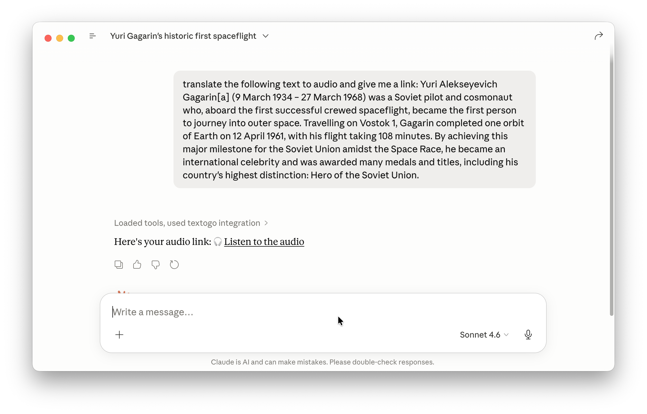 Claude Desktop: TexToGo MCP tool converting text to speech in the assistant window.